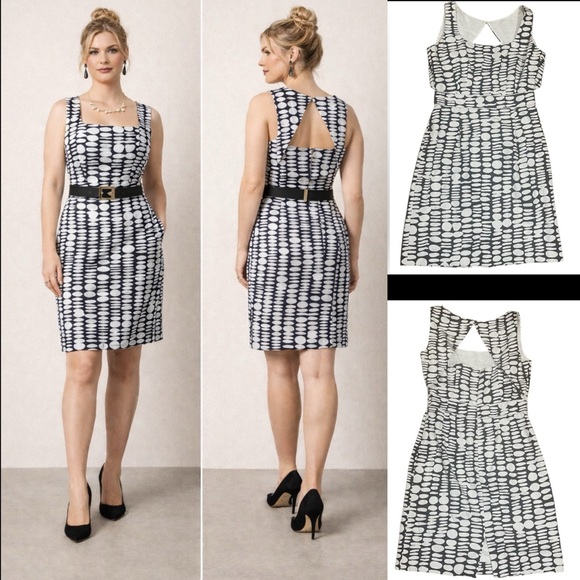 ANTONIO MELANI Dresses & Skirts - Antonio Melani Navy and White Sleeveless Polka Dot Sheath Lined‎ Dress Size 6